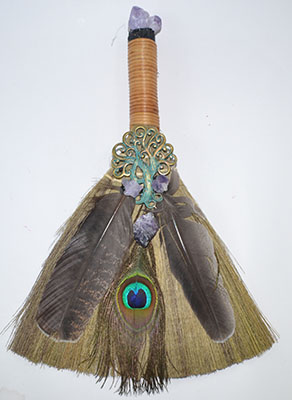 FBRM025.jpg 13" Ritual Broom W/ Peacock Feather